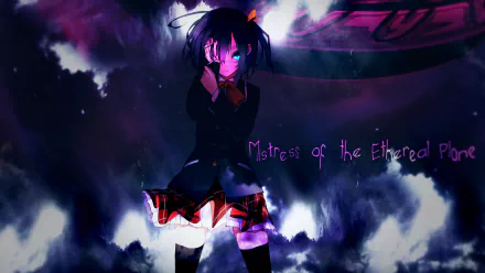 Rikka Takanashi from Love, Chunibyo & Other Delusions stands confidently in a school uniform and thigh highs against a colorful, dramatic background. A striking HD desktop wallpaper.