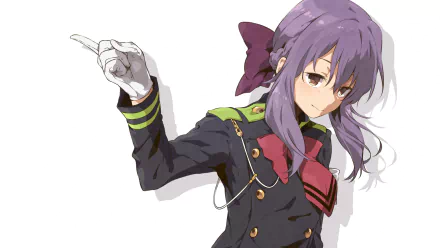 A stylish 4K Ultra HD wallpaper featuring Shinoa Hīragi from the anime Seraph of the End, showcasing her distinctive character design and confident pose.