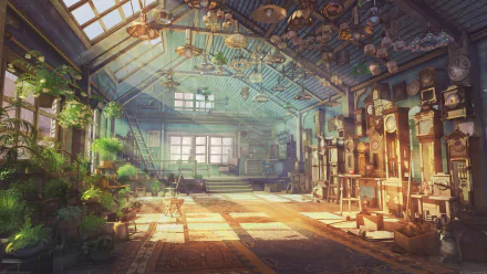 HD desktop wallpaper featuring a cozy, sunlit fantasy room filled with various clocks and lush greenery, creating a serene and magical atmosphere.