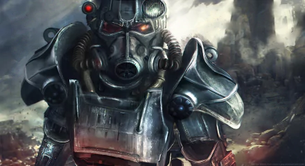 A detailed HD desktop wallpaper featuring Power Armor from the video game Fallout 4, set against a rugged post-apocalyptic landscape.