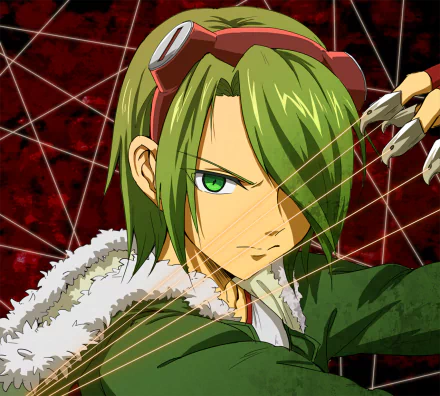 HD wallpaper of Lubbock from the anime Akame ga Kill!, featuring a close-up of his intense expression and green hair. The background is a dark red with white lines, complementing his appearance.