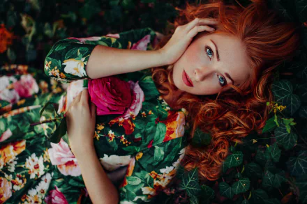 A redhead woman with blue eyes lies among flowers, holding a pink rose, her mood serene in this vibrant 4K Ultra HD desktop wallpaper.