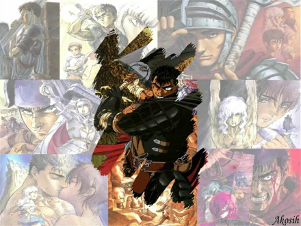 HD PC desktop wallpaper featuring key Berserk characters including Guts, Griffith, Casca, Femto, and the Beherit set against a collage of anime scenes from the series.