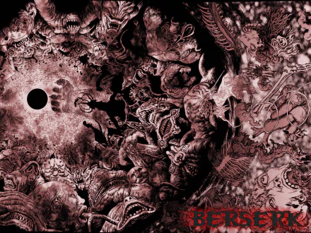 An intense HD anime wallpaper inspired by Berserk, featuring a chaotic scene filled with dark, intricate creatures and a central void, capturing the series' haunting atmosphere.