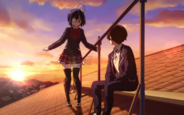 HD anime desktop wallpaper featuring Yūta Togashi and Rikka Takanashi from Love Chunibyo & Other Delusions, set against a vibrant sunset sky on a rooftop.