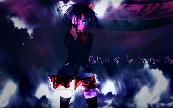 Rikka Takanashi from Love, Chunibyo & Other Delusions stands confidently in a school uniform and thigh highs against a colorful, dramatic background. A striking HD desktop wallpaper.
