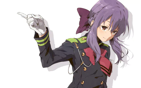 A stylish 4K Ultra HD wallpaper featuring Shinoa Hīragi from the anime Seraph of the End, showcasing her distinctive character design and confident pose.