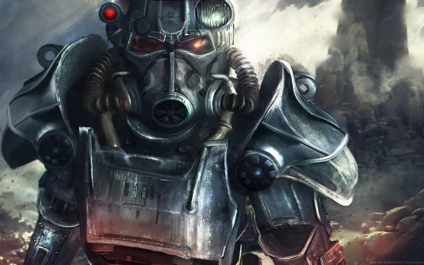 A detailed HD desktop wallpaper featuring Power Armor from the video game Fallout 4, set against a rugged post-apocalyptic landscape.