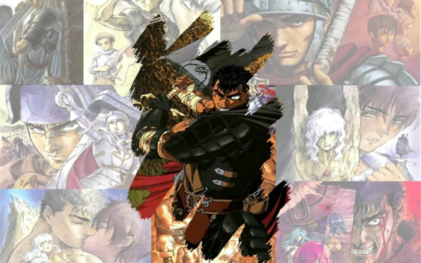 HD PC desktop wallpaper featuring key Berserk characters including Guts, Griffith, Casca, Femto, and the Beherit set against a collage of anime scenes from the series.
