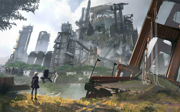 YoRHa No.2 Type B from NieR: Automata stands in an abandoned factory setting, wearing a black dress and thigh boots. She has short white hair and is on a grassy patch near a broken bridge. HD wallpaper.