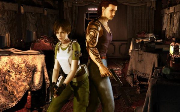 HD PC desktop wallpaper/background for the video game Resident Evil 0: two protagonists back-to-back with weapons inside a dim, antique train car, tense survival-horror mood.