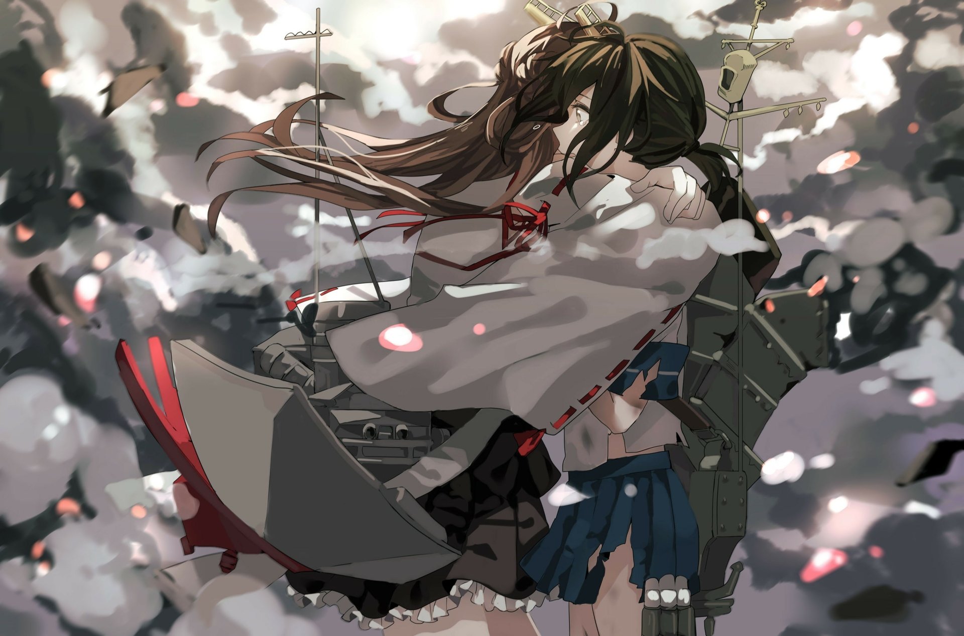 Anime scene featuring Kongou and Fubuki from Kantai Collection, showcasing an emotional moment amidst a dramatic backdrop, designed as a high-definition PC desktop wallpaper.