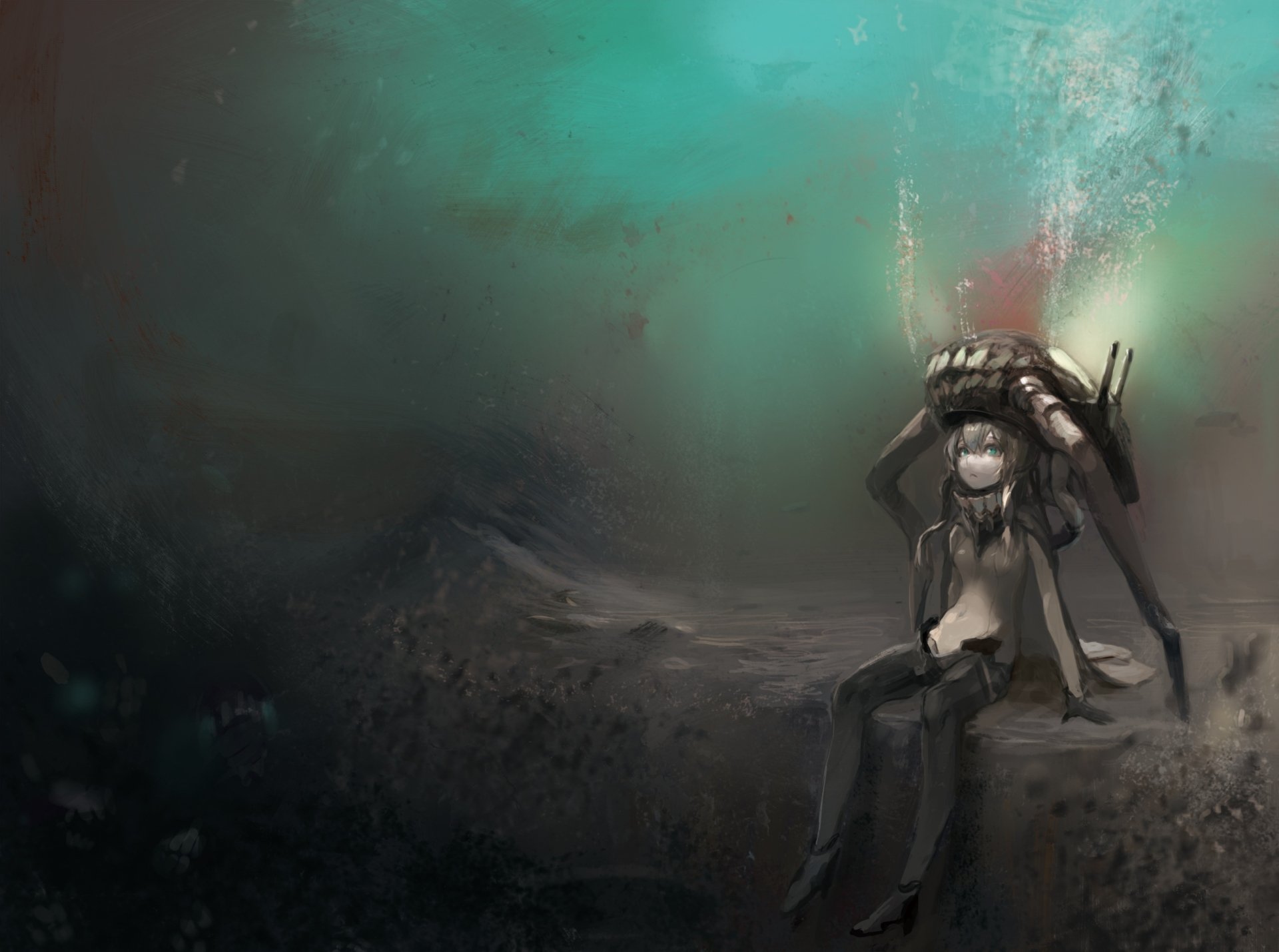 HD PC desktop wallpaper featuring Wo-Class from Kantai Collection (Kancolle) anime, set against a dark, moody underwater backdrop.