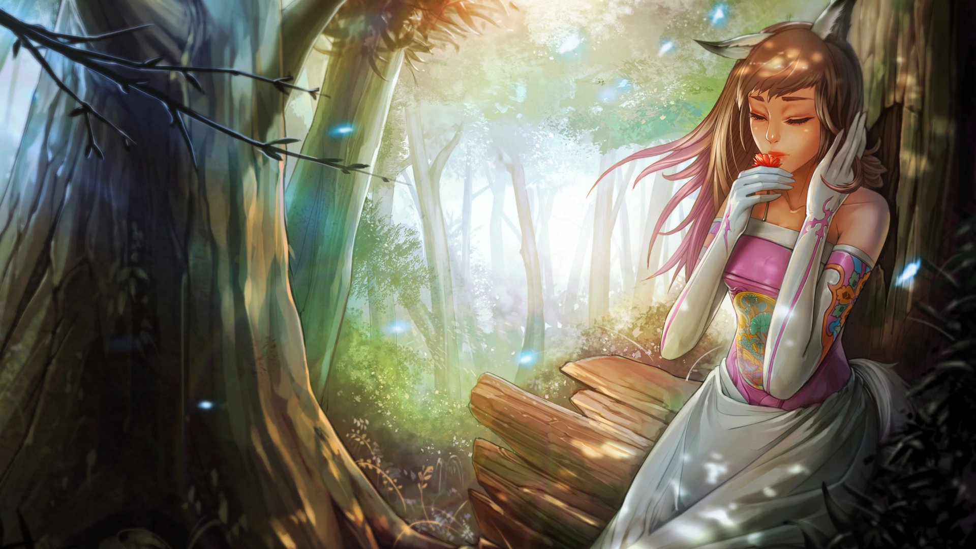 A serene anime girl with animal ears sits in a vibrant forest, surrounded by ethereal light and floating particles, capturing a mystical fantasy atmosphere.