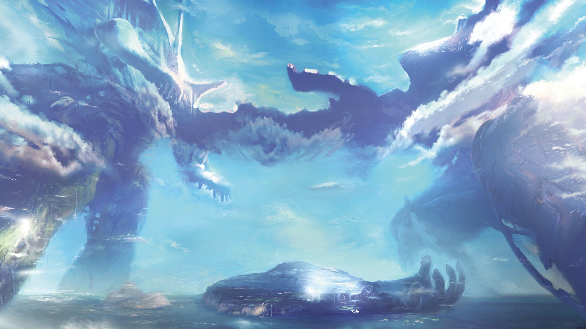 HD PC desktop wallpaper from the video game Xenoblade Chronicles, depicting two colossal creatures in a dramatic, cloudy sky setting.