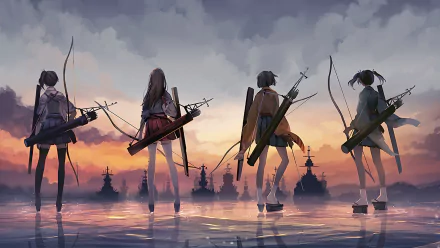 Anime wallpaper featuring characters Souryuu, Hiryuu, Kaga, and Akagi from Kantai Collection. The girls stand against a sunset backdrop, holding bows and arrows, dressed in skirts and thigh-high socks.