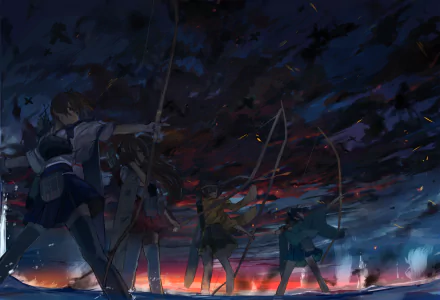 Anime characters Hiryuu, Souryuu, Kaga, and Akagi from Kantai Collection stand ready in a dramatic HD wallpaper, set against a dark, stormy sky filled with swirling clouds and silhouettes.