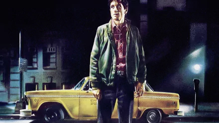 A striking HD wallpaper featuring Robert De Niro in Taxi Driver, standing in front of a yellow taxi against a moody urban backdrop, capturing the film's iconic atmosphere.