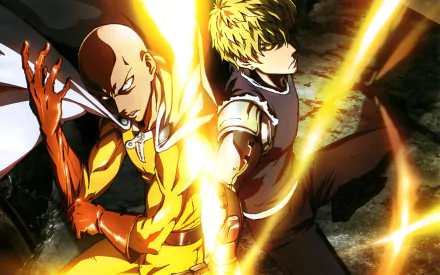 HD desktop wallpaper featuring Saitama and Genos from the anime One-Punch Man, showcasing dynamic action poses and intense energy effects.