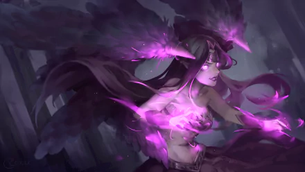 Morgana from League of Legends displayed in a captivating HD desktop wallpaper, showcasing her mystical powers and dark aura in a vibrant, animated style.