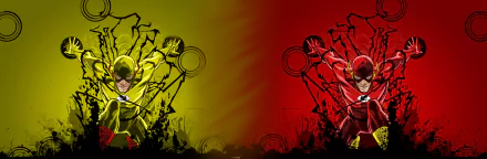 Dynamic HD wallpaper featuring Reverse-Flash and Flash from the comic series, showcasing vibrant yellow and red contrasts with action-packed elements and bold designs.