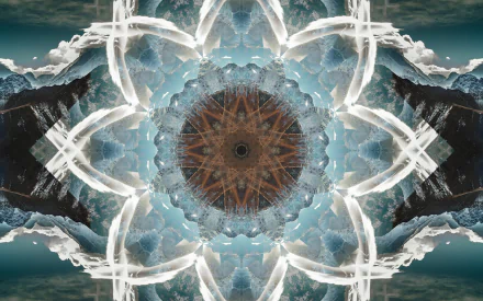 Abstract artistic mandala HD PC desktop wallpaper — radial kaleidoscope of icy blues and whites with a warm brown center set against mirrored mountain and cloud textures.