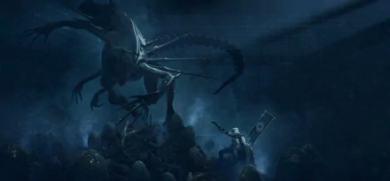 An intense sci-fi battle scene featuring a stormtrooper facing a fearsome alien creature amidst an army of dark figures, creating a captivating crossover atmosphere.