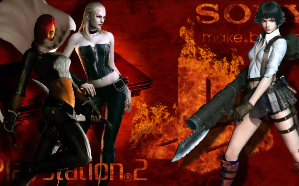 Devil May Cry video game — Devil May Cry 2 HD PC desktop wallpaper featuring three armed female characters posed against a blazing red, fiery background.