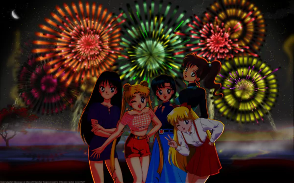 A vibrant HD desktop wallpaper featuring the characters from Sailor Moon, posing together in front of colorful fireworks against a night sky.