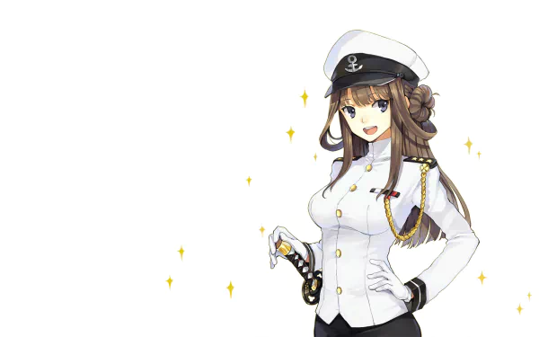 A stylish HD desktop wallpaper featuring Kongou from Kancolle, showcasing her in a naval officer's uniform with sparkling details, perfect for any anime or Kantai Collection fan.