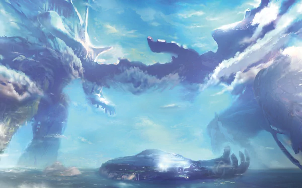 HD PC desktop wallpaper from the video game Xenoblade Chronicles, depicting two colossal creatures in a dramatic, cloudy sky setting.