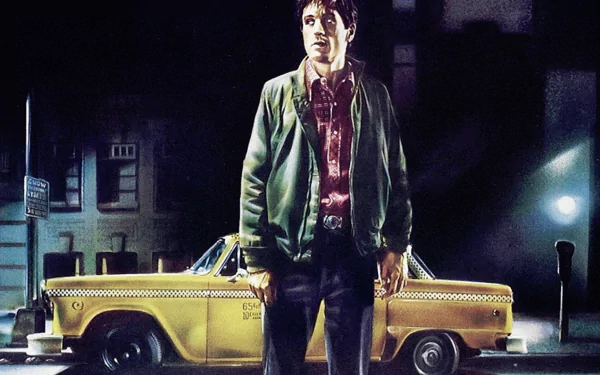 A striking HD wallpaper featuring Robert De Niro in Taxi Driver, standing in front of a yellow taxi against a moody urban backdrop, capturing the film's iconic atmosphere.