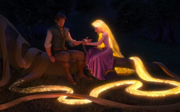 HD PC desktop wallpaper from the movie Tangled: Rapunzel's glowing golden hair coils across the grass as she and Flynn Rider sit on a log at night, sharing a quiet, tender moment.