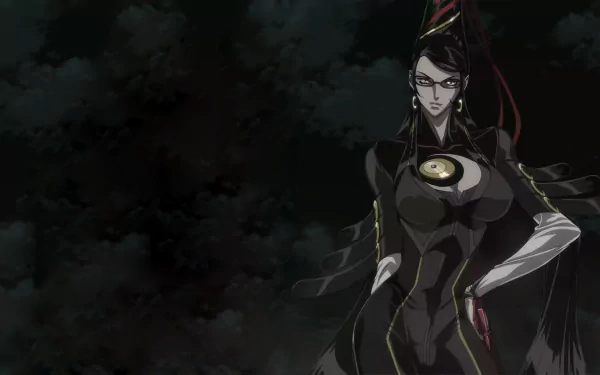 HD anime desktop wallpaper featuring Bayonetta from Bayonetta: Bloody Fate, standing confidently against a dark, cloudy background.