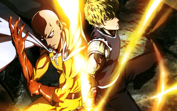 HD desktop wallpaper featuring Saitama and Genos from the anime One-Punch Man, showcasing dynamic action poses and intense energy effects.