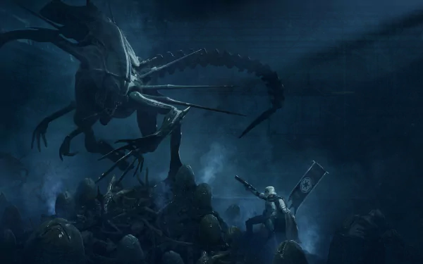 An intense sci-fi battle scene featuring a stormtrooper facing a fearsome alien creature amidst an army of dark figures, creating a captivating crossover atmosphere.