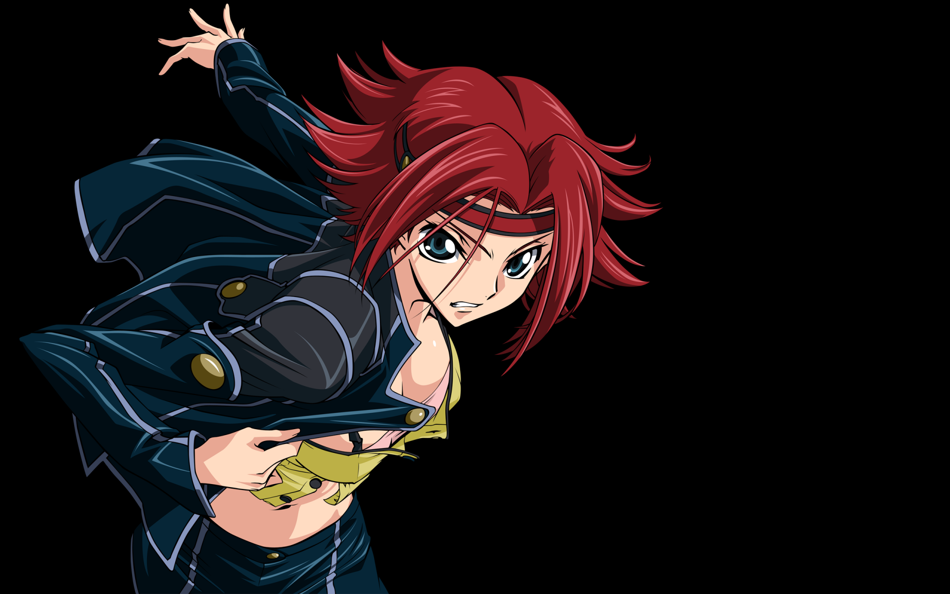 Kallen Kōzuki from Code Geass in a dynamic pose, red hair and black jacket with exposed midriff against a black backdrop — 2K Quad HD PC desktop wallpaper/background.