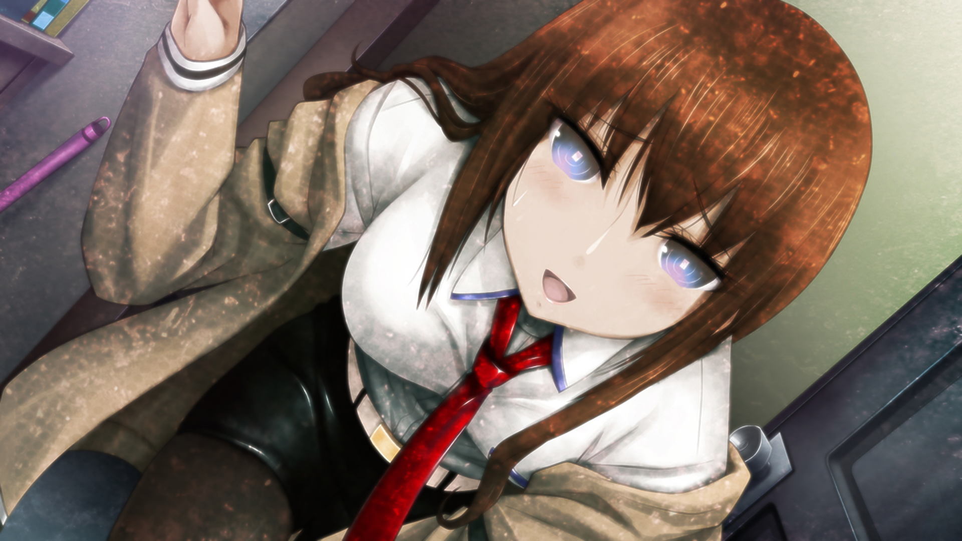 HD anime desktop wallpaper featuring a close-up of a Steins;Gate character with long brown hair, bright eyes, and a red tie in a dimly lit room.