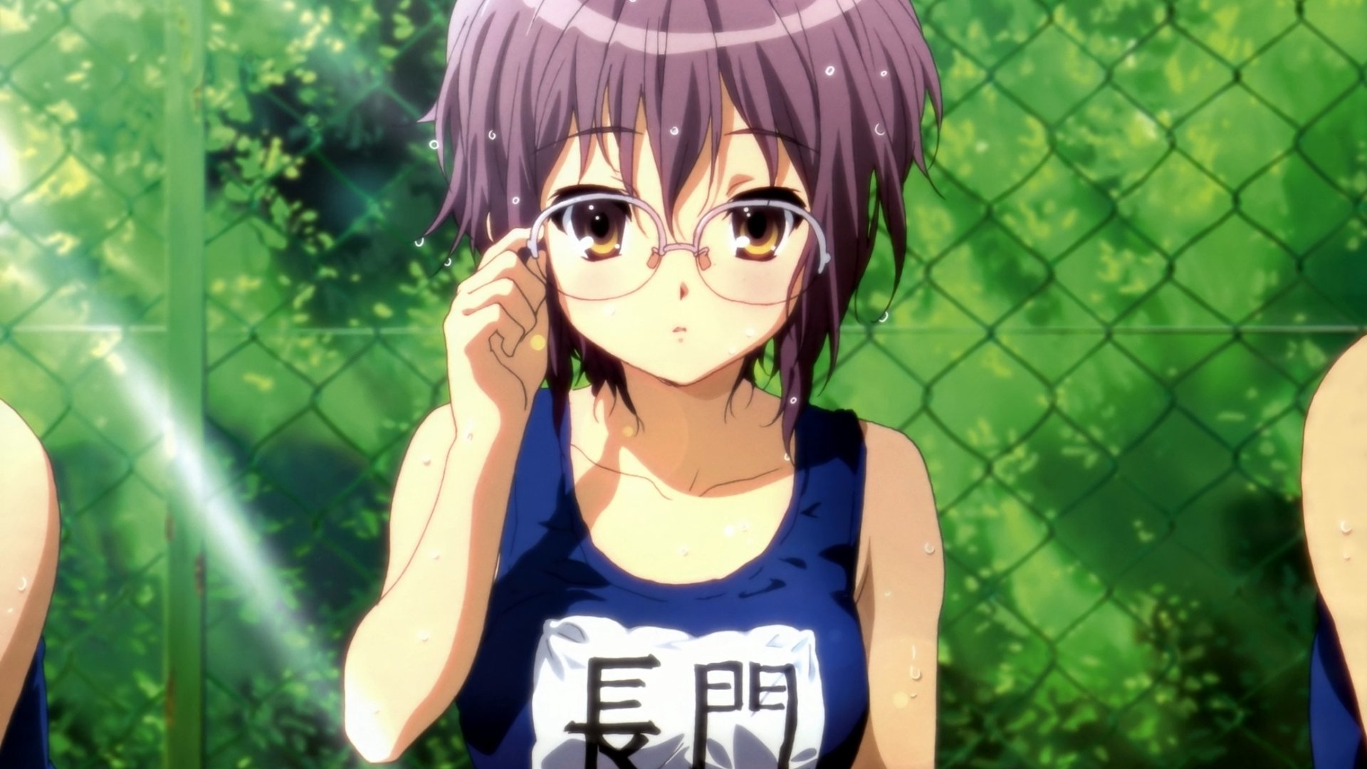 Yuki Nagato from The Melancholy of Haruhi Suzumiya — bespectacled in a sleeveless top, standing before a sunlit chain-link fence and green foliage; HD anime PC desktop wallpaper/background.
