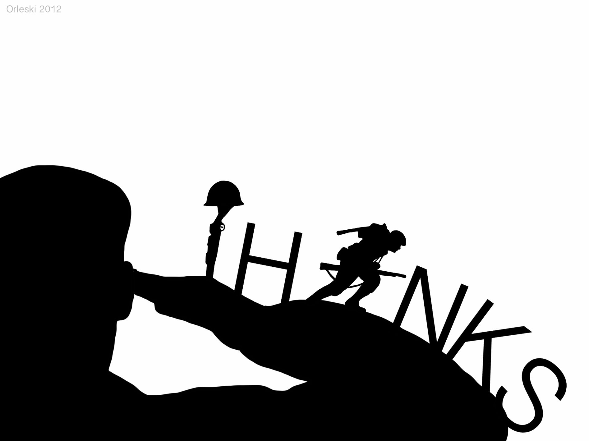 Silhouette of a soldier, helmet on a rifle memorial and THANKS text on white — HD PC desktop wallpaper and background honoring the Veterans Day holiday.