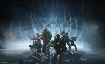 A stunning 8K Ultra HD wallpaper featuring Master Chief and a team of characters from Halo 5: Guardians, set against a futuristic, dynamic backdrop.
