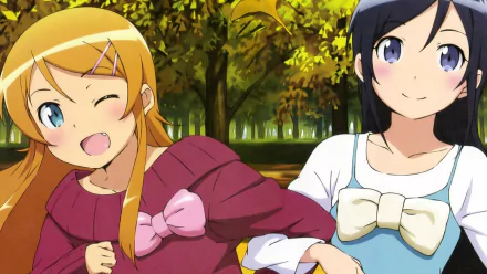 Two characters, Ayase Aragaki and Kirino Kousaka from the anime Oreimo, pose playfully in an autumn setting, featuring vibrant trees and a cheerful atmosphere. HD desktop wallpaper.