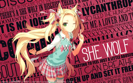 Anime-style original HD desktop wallpaper featuring a winking girl with animal ears, a school skirt, and thigh highs against a bold red text background.