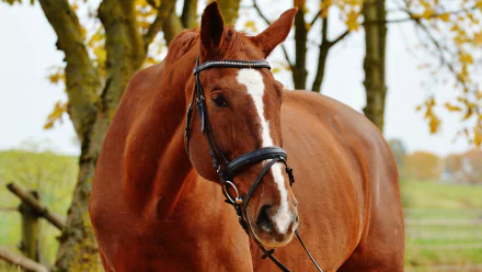 A close-up of a chestnut horse with a bridle, surrounded by autumn trees. This vibrant image serves as a stunning 4K Ultra HD desktop wallpaper and background.