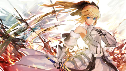 A vibrant HD wallpaper featuring Saber from the Fate Series, standing bravely amidst a battlefield, showcasing dynamic motion and striking colors characteristic of the Fate/Stay Night anime.