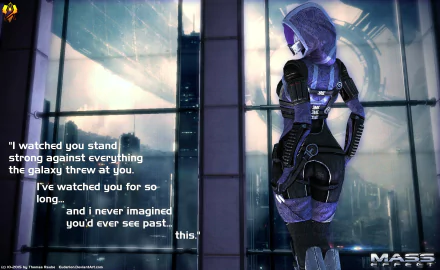 4K Ultra HD wallpaper of Tali'Zorah, the Quarian from Mass Effect 2, standing against a futuristic backdrop with an inspiring quote from the video game.