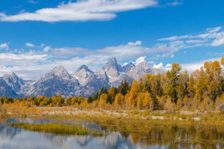 HD desktop wallpaper of Grand Teton National Park in Wyoming, USA, featuring fall foliage, a river, trees, mountains, and a partly cloudy sky.