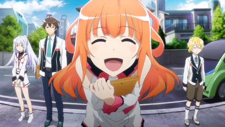 HD desktop wallpaper depicting characters Isla, Tsukasa Mizugaki, Michiru Kinushima, and Zack from the anime Plastic Memories. The characters are standing outdoors, with Isla happily smiling in the foreground.
