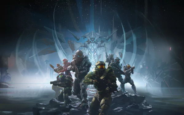 A stunning 8K Ultra HD wallpaper featuring Master Chief and a team of characters from Halo 5: Guardians, set against a futuristic, dynamic backdrop.