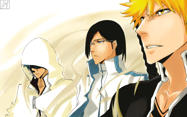 Anime wallpaper featuring Bleach characters Ichigo Kurosaki, Uryu Ishida, and Grimmjow Jaegerjaquez in a detailed 4K Ultra HD PC desktop background.